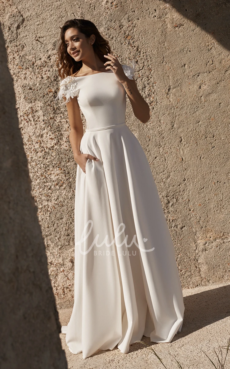 Satin Deep V-Back Wedding Dress with Flower Details and Short Sleeves