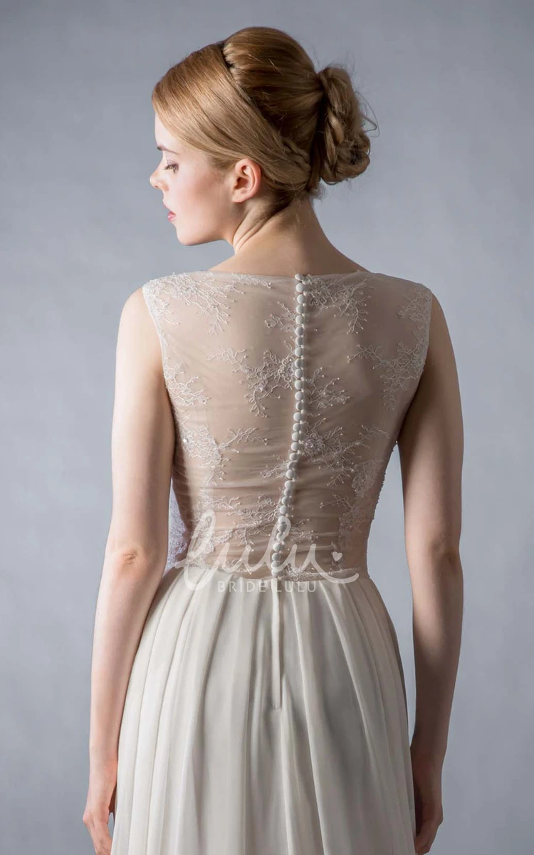 Sheath Beaded Satin&Chiffon Wedding Dress with Scoop Cap-Sleeve & Illusion Back