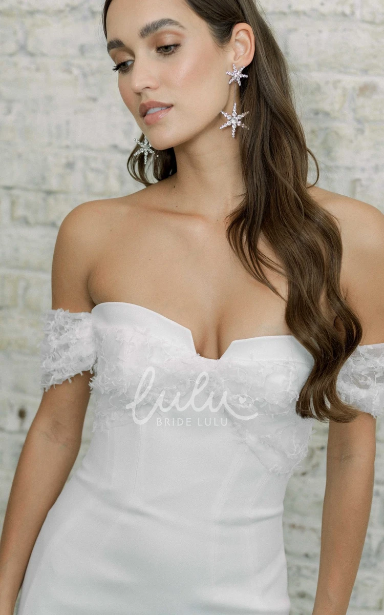 Satin Off-shoulder Sheath Floor-length Wedding Dress with Lace and Open Back