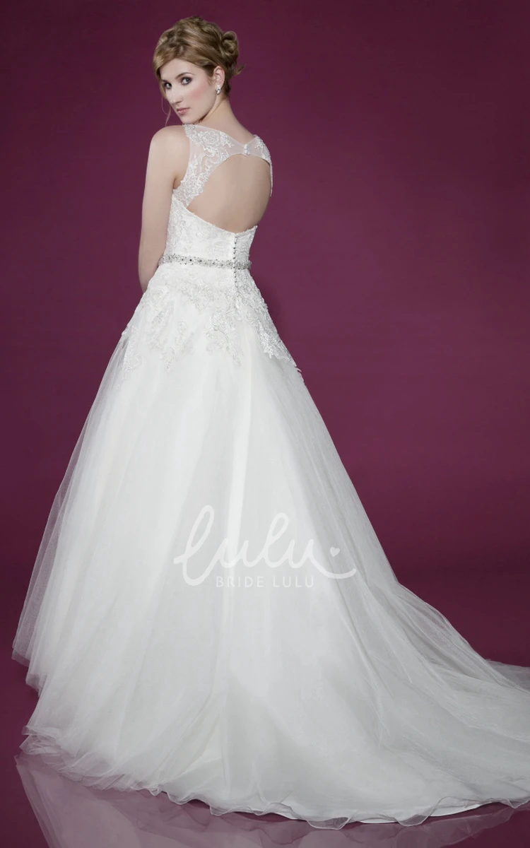 Beaded Tulle Wedding Dress with Court Train and High Neck Timeless Bridal Gown