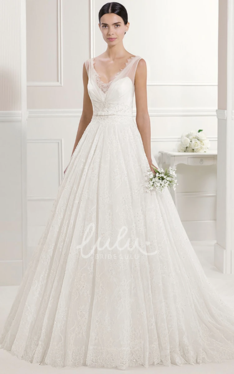 Lace V-Neck A-Line Bridal Gown with Back Flower Wedding Dress