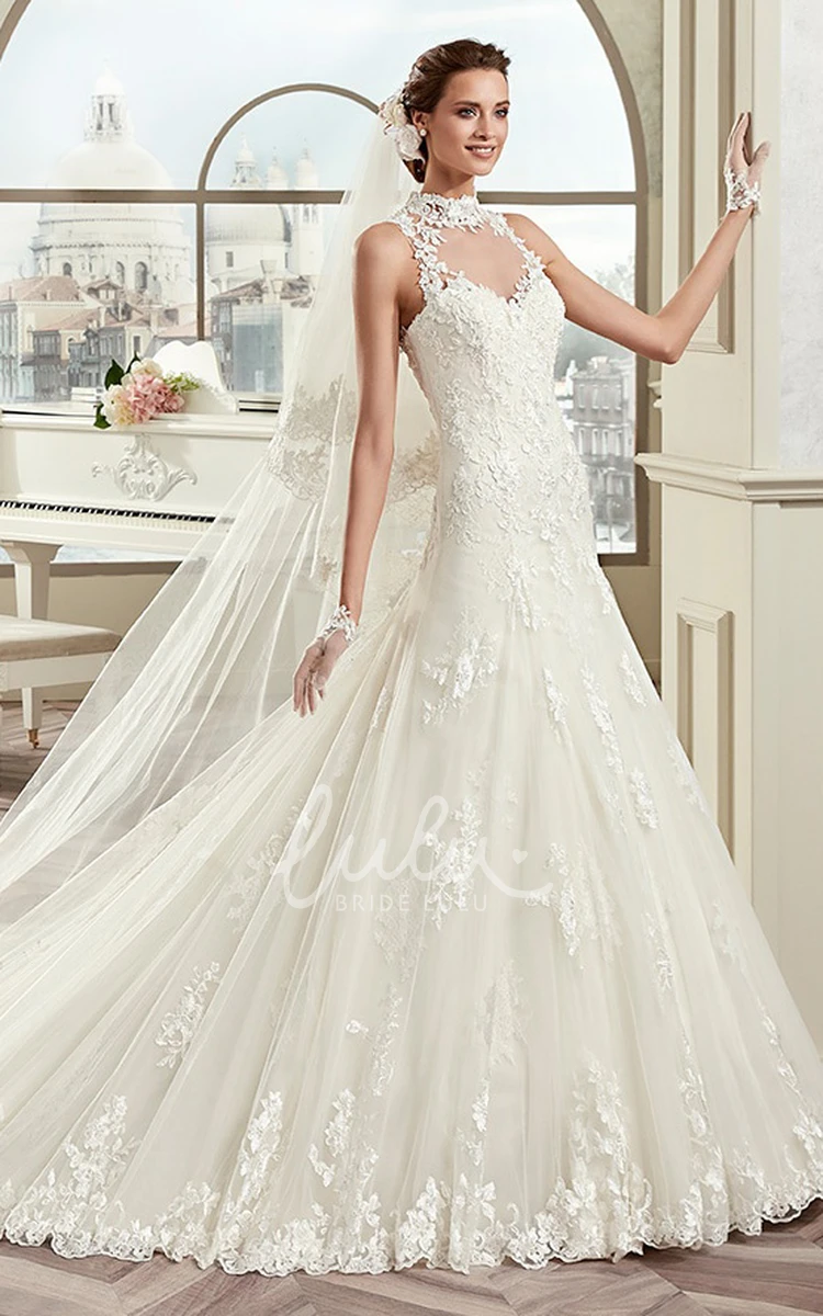 Illusion High-Neck Lace Sheath Wedding Dress with Open Back