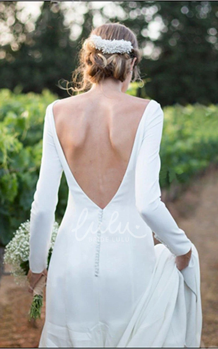 Chiffon Sheath Long Sleeve Deep-V Back Wedding Dress Simple & Elegant