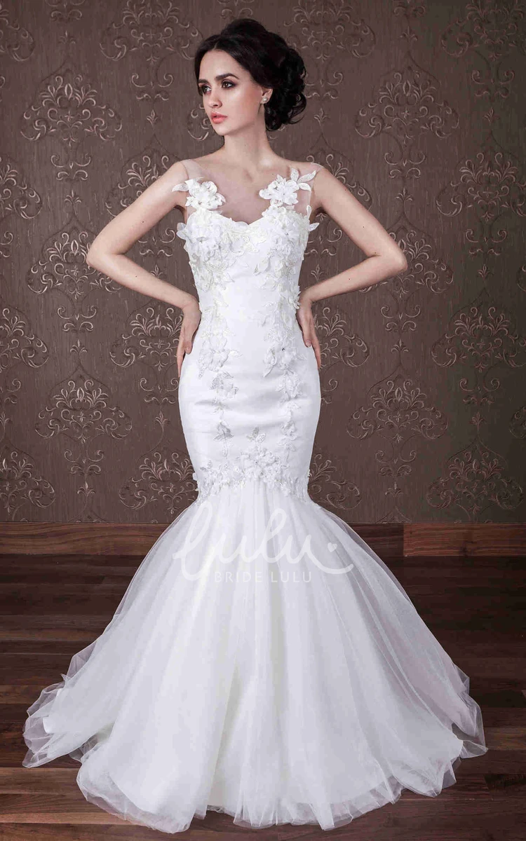 Sleeveless Tulle and Satin Mermaid Wedding Dress with Scoop Neck