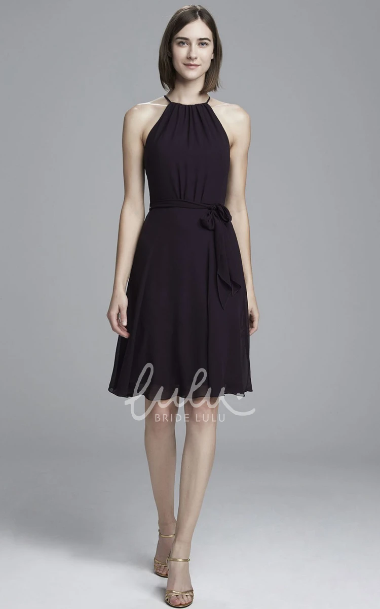 Knee-Length High Neck Chiffon Bridesmaid Dress with Illusion and Bow
