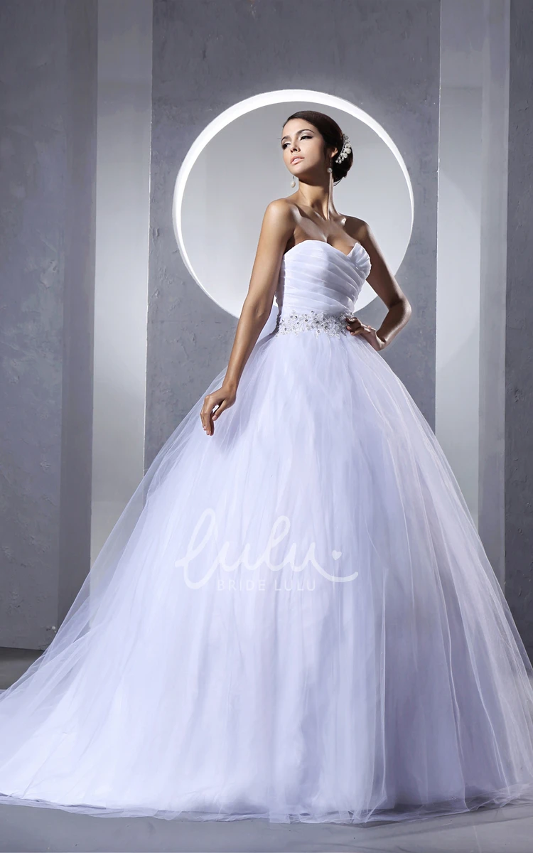 Tulle Wedding Dress Ball Gown Ruching Criss-Cross Beaded Sash A-Line