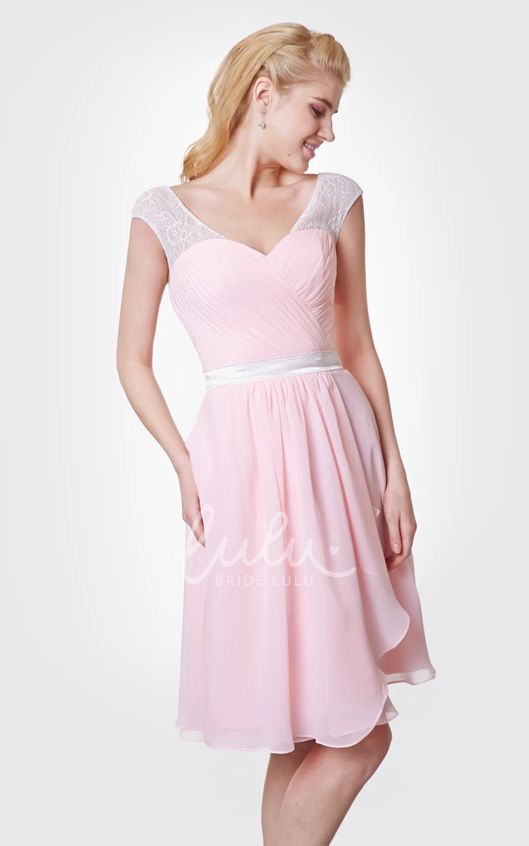 Knee Length Lace Chiffon A-line Dress Cap-sleeved and Sweet