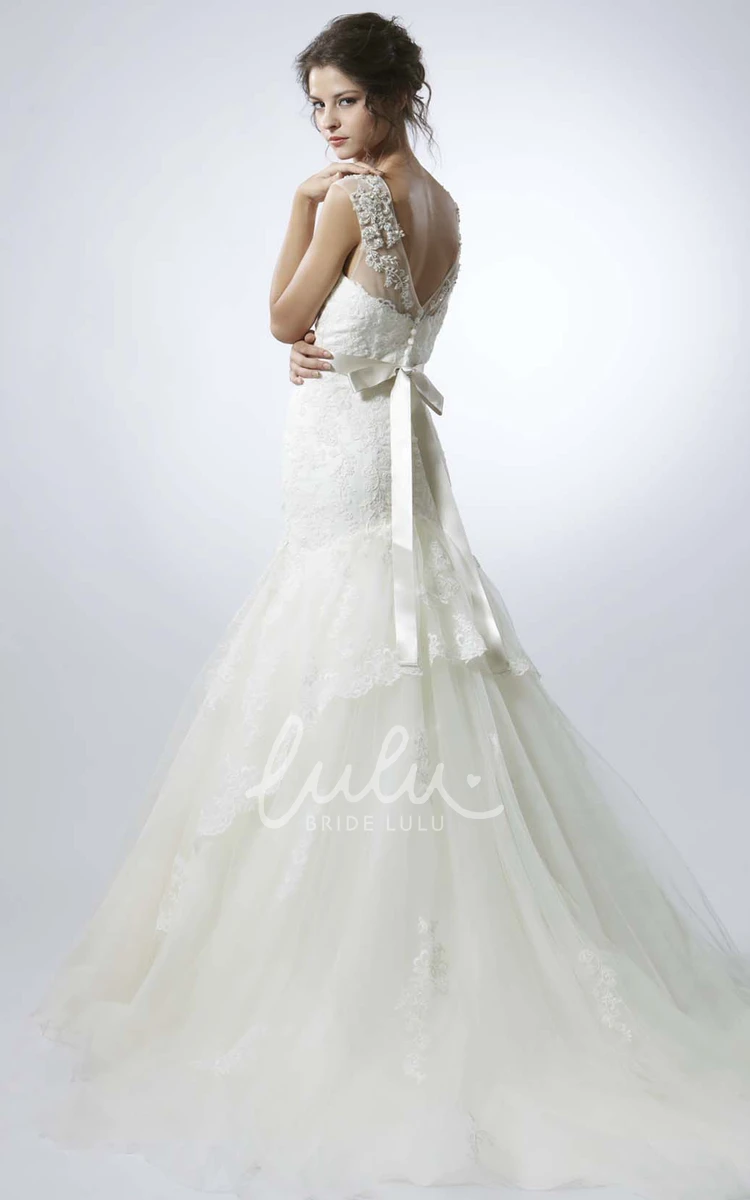 Lace Appliqued Sleeveless Wedding Dress with Ruffles A-Line Cut