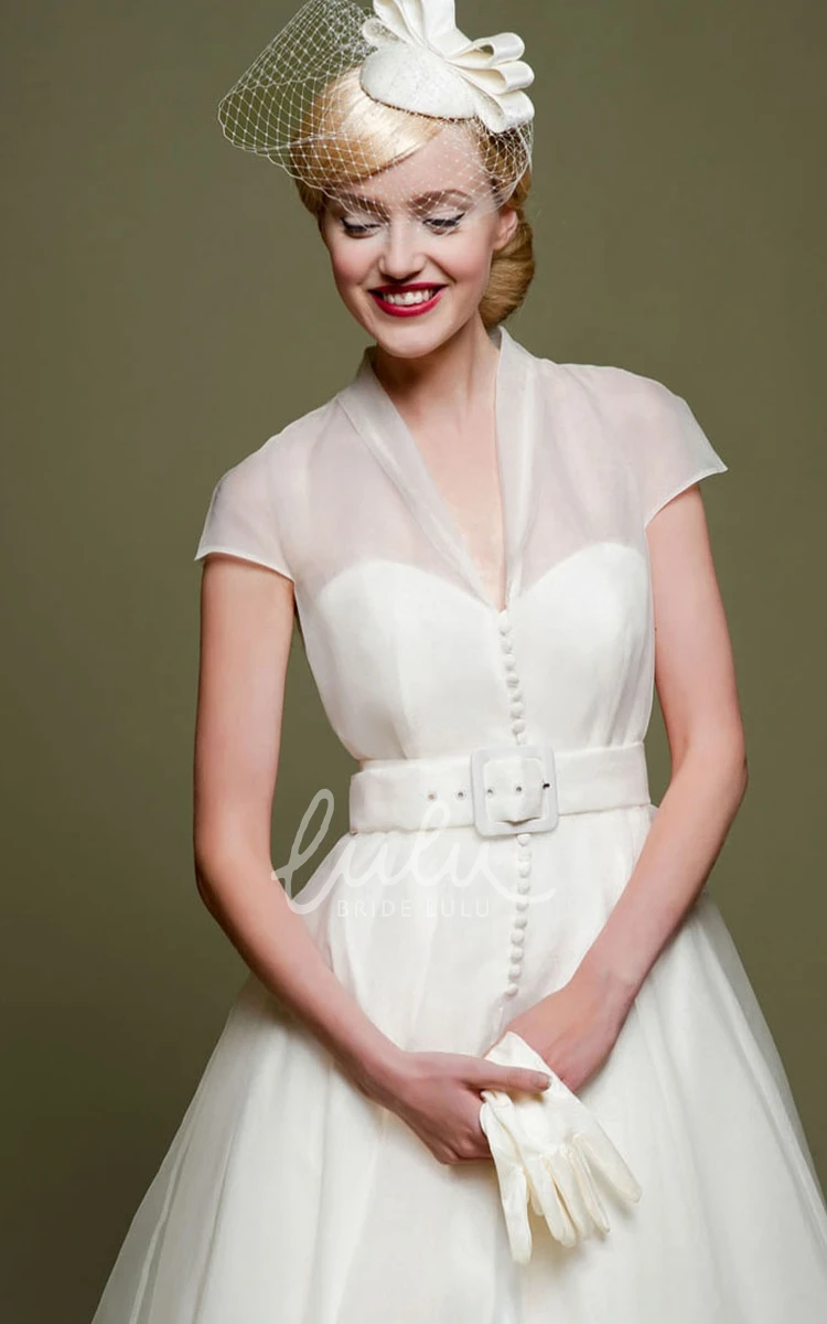 A-Line Tulle Cap Sleeve Wedding Dress with Ribboned V-Neck