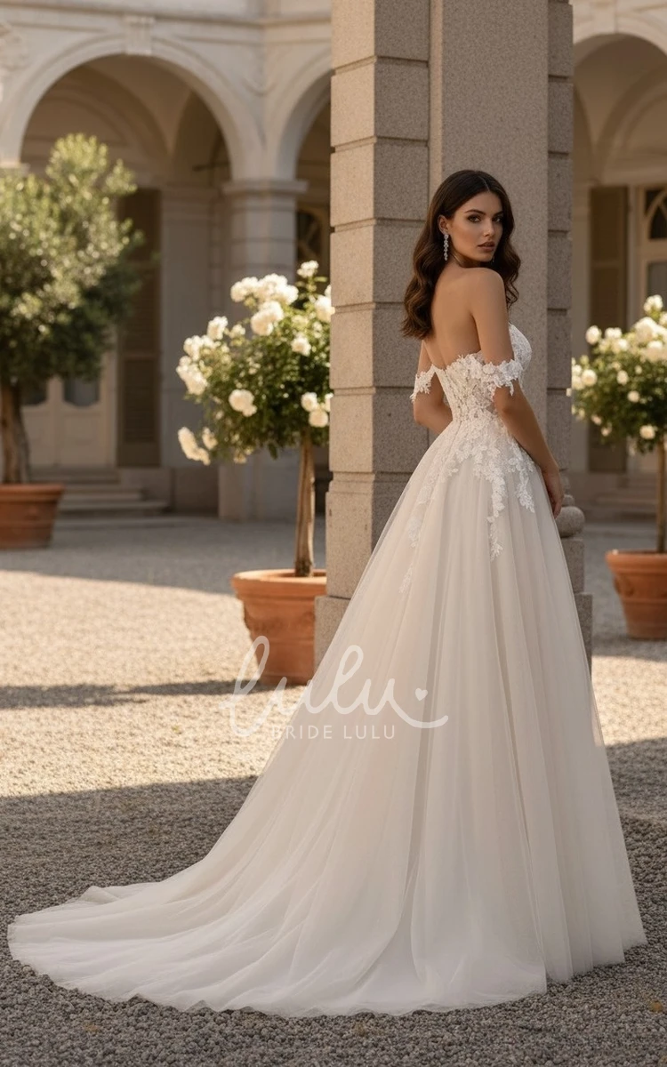 Beach Fairy Boho Lace Off-the-Shoulder Spring Wedding Dress Elegant Sexy A-Line Sweetheart Floral Strapless High Split Front Bridal Gown with Appliques and Train