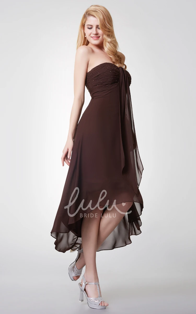 Empire Waist Sleeveless Tea-length Chiffon Dress with Ruching and Shimmering Details