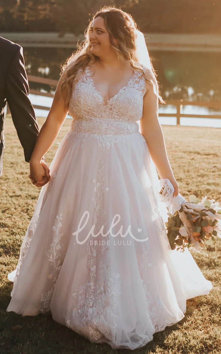 Sexy V-neck Lace Tulle Wedding Dress with Button and Appliques Women's Bridal Gown