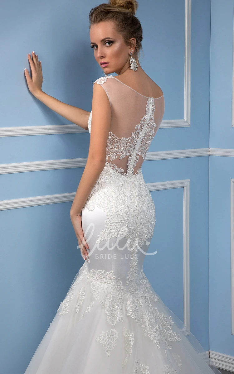 Trumpet Illusion Back Tulle Wedding Dress with Appliques and Court Train Unique Bridal Gown