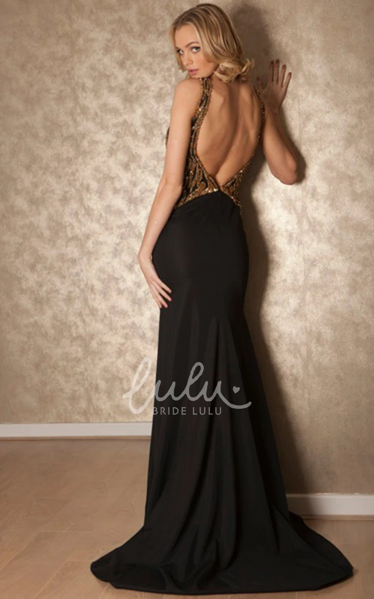 Scoop Neck Beaded Chiffon Prom Dress with Keyhole Flowy Floor-Length Dress