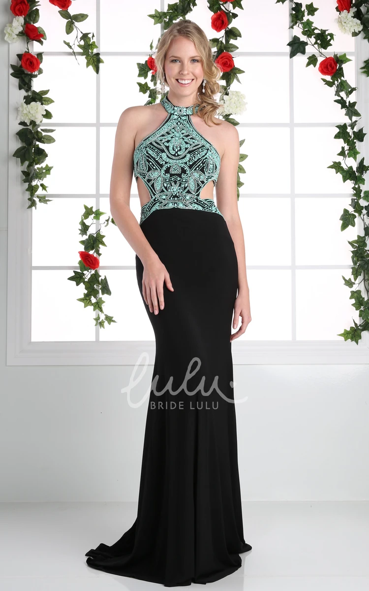 Sleeveless Sheath Jersey Formal Dress with High Neck and Beading