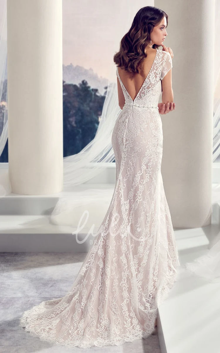 Scoop Cap-Sleeve Lace Wedding Dress with Jeweled Details and Brush Train