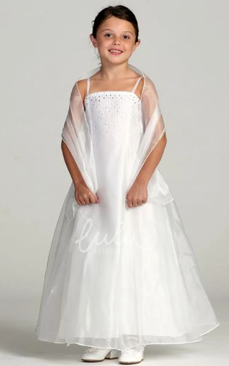 Ankle-Length Beaded Organza Flower Girl Dress with Straps Spaghetti Prom Dress
