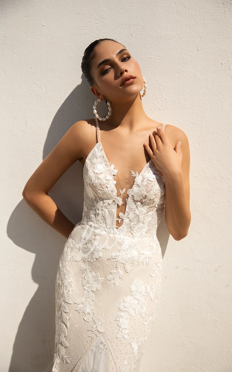 Plunging Neckline Trumpet Lace Ethereal Fairy Wedding Bride Dress with Chapel Train Backless