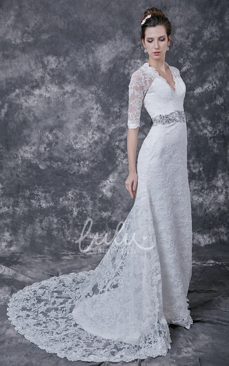 Crystal Embellished Waist Long Lace Dress with 3/4 Sleeves