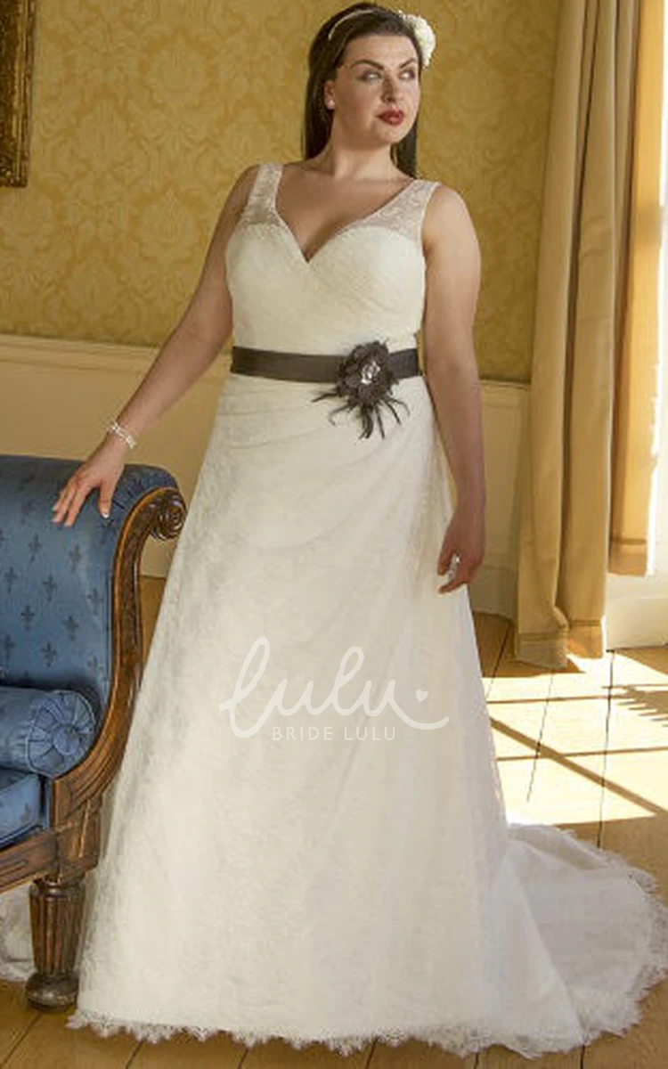 Allover Lace V-Neck Wedding Dress with Floral Satin Sash and Lace-Up Back