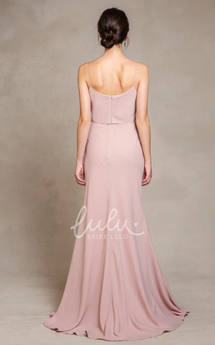 Spaghetti Chiffon Bridesmaid Dress with Brush Train Floor-Length Sleeveless