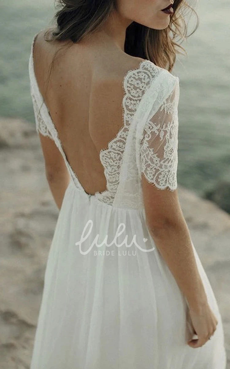 Bateau Sheath Bridal Gown with Short Sleeve and Lace Open Back Boho Wedding Dress