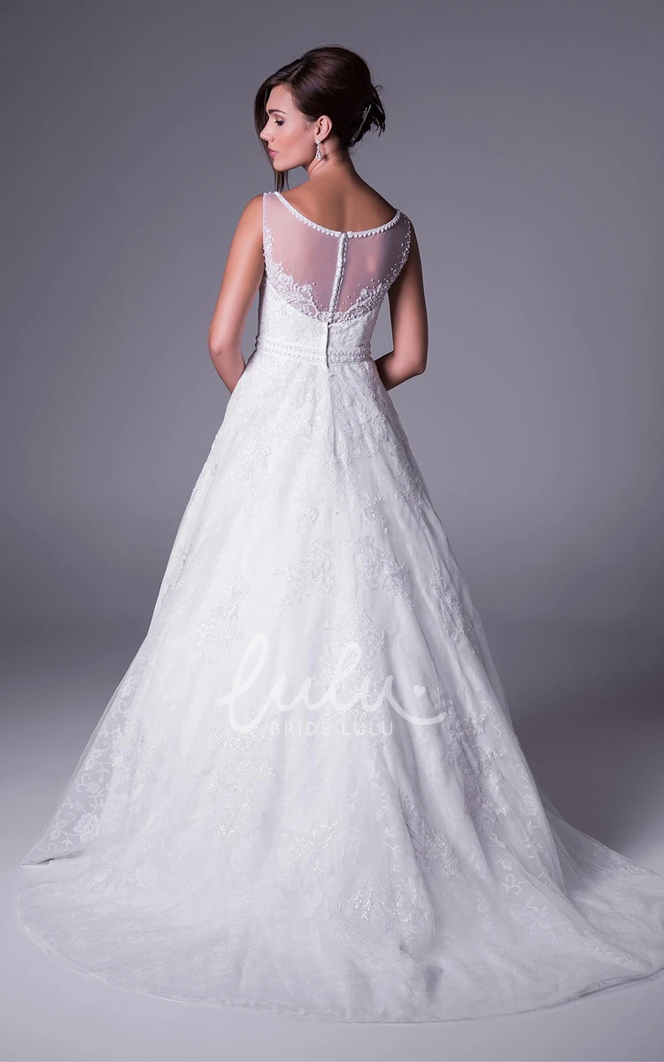 Bateau-Neck Lace Long Wedding Dress with Appliques and Waist Jewelry