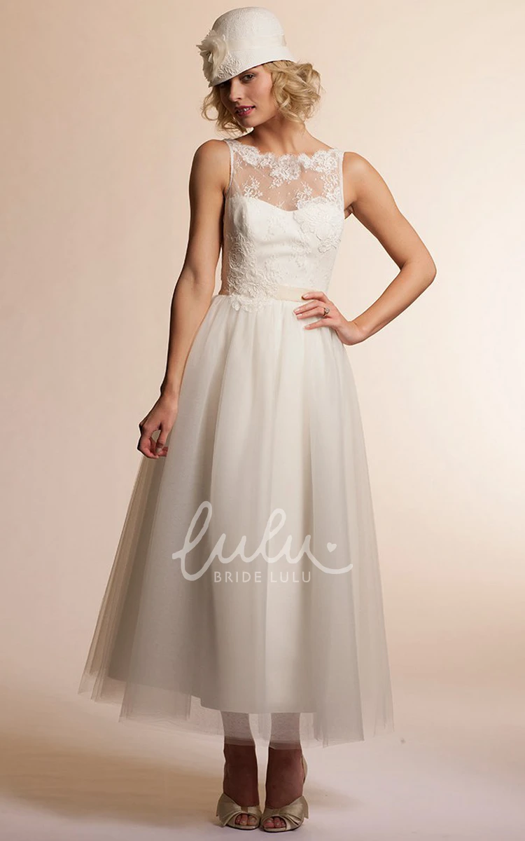 Tulle Sleeveless A-Line Wedding Dress with Bateau-Neck and Deep-V Back Romantic Bridal Gown