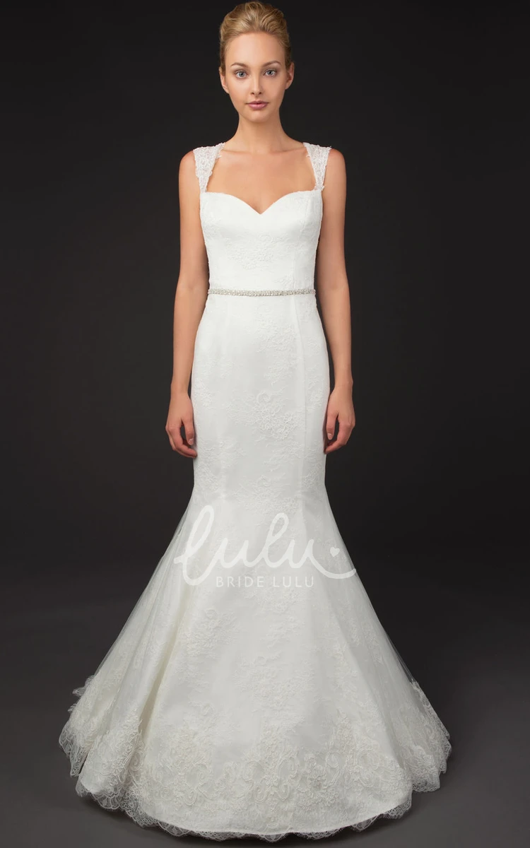 Sleeveless Mermaid Lace Wedding Dress with Appliques Illusion Back and Waist Jewelry