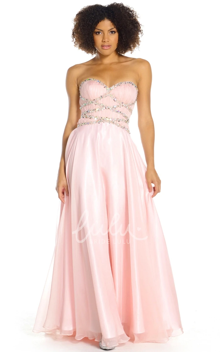 Maxi A-Line Sleeveless Sweetheart Satin Prom Dress Beaded with Straps